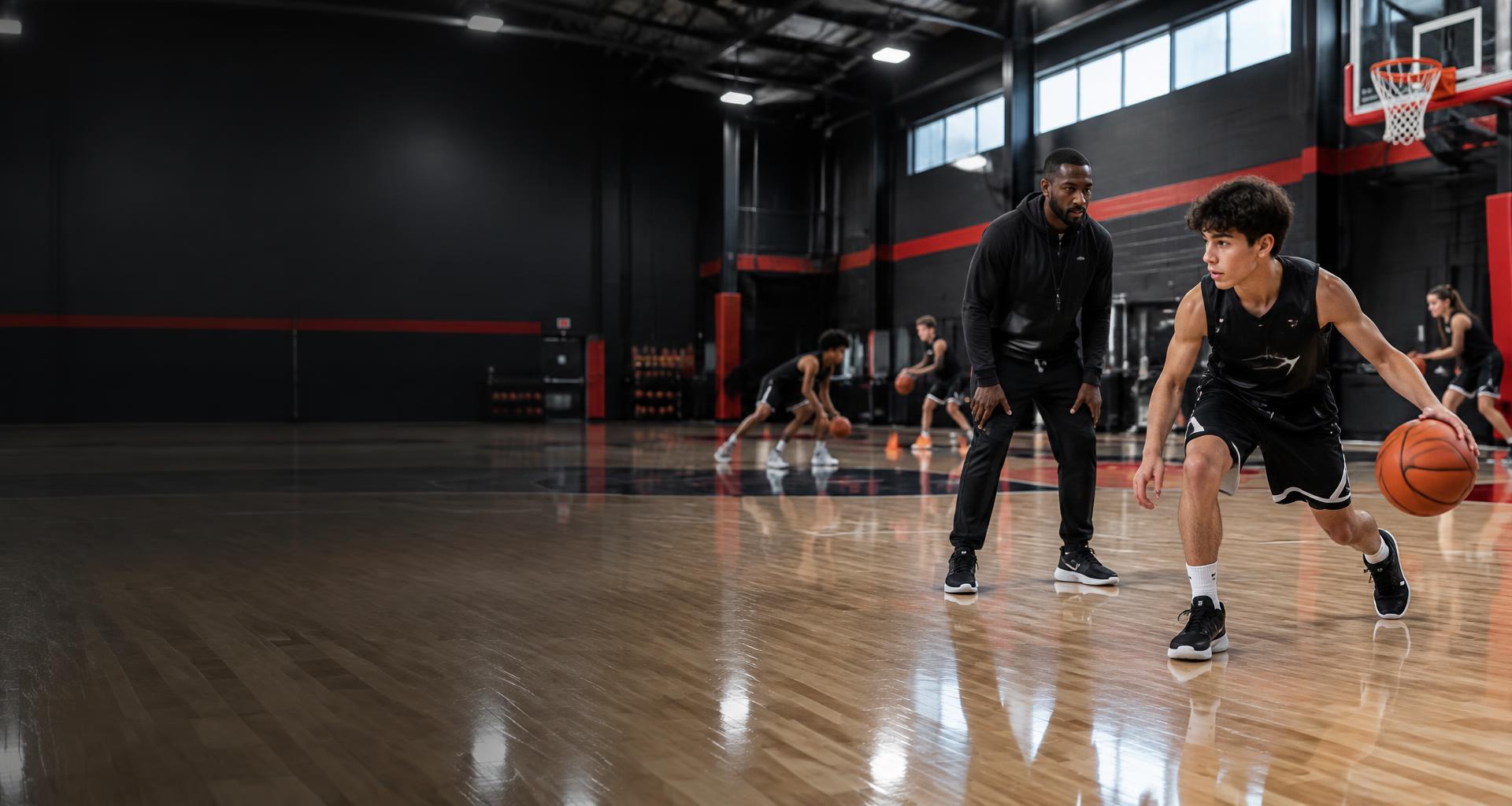 A basketball coach mentoring a young player on an indoor court